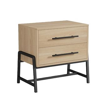 Farmhouse Nightstand with Drawers, Light Wood Bedside Table with Metal Legs
