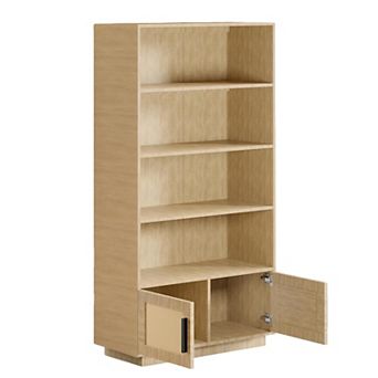 5 tier Wooden Bookcase with Rattan Doors - Boho Tall Bookshelf