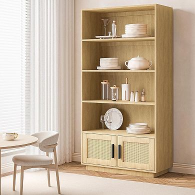 5-Tier Wooden Bookcase with Rattan Doors - Boho Tall Bookshelf