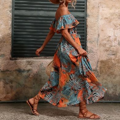 Women's Off Shoulder High Waist Summer Maxi Dress Side Slit Tie Flowy Boho Beach Cover Up Dress