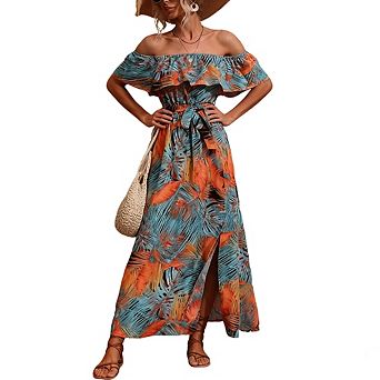 Women's Off Shoulder High Waist Summer Maxi Dress Side Slit Tie Flowy Boho Beach Cover Up Dress