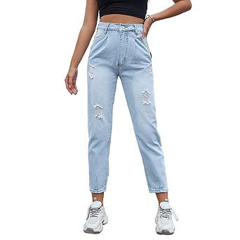 Women's High Waist Straight Leg Jeans Distressed Ripped Denim