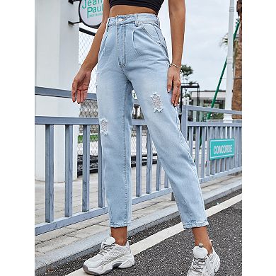 Women's High Waist Straight Leg Jeans Distressed Ripped Denim