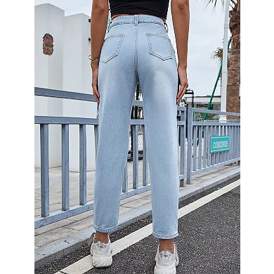 Women's High Waist Straight Leg Jeans Distressed Ripped Denim