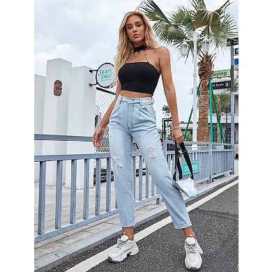 Women's High Waist Straight Leg Jeans Distressed Ripped Denim