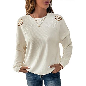 Women's Fall Long Sleeve Hollow Out Floral T-shirt Causal Loose Round Neck Pullover Top Blouse