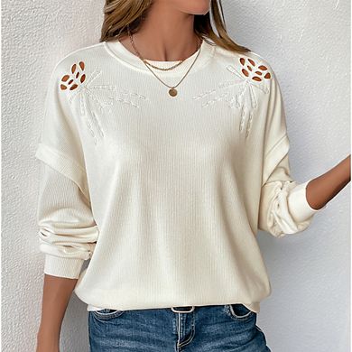 Women's Fall Long Sleeve Hollow Out Floral T-shirt Causal Loose Round Neck Pullover Top Blouse