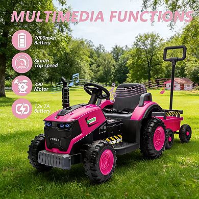 12V Kids Ride on Tractor with Detachable Trailer，Electric Ride On Toy Car w/Bluetooth Music & Lights