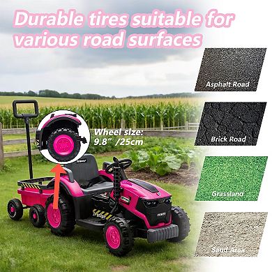 12V Kids Ride on Tractor with Detachable Trailer，Electric Ride On Toy Car w/Bluetooth Music & Lights