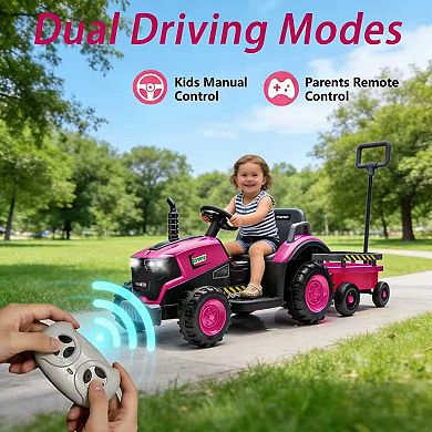 12V Kids Ride on Tractor with Detachable Trailer，Electric Ride On Toy Car w/Bluetooth Music & Lights
