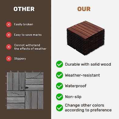 CEWOR 10 PCS Interlocking Solid Wood Deck Tiles, 12"x12" Striped Patio Flooring for Outdoor