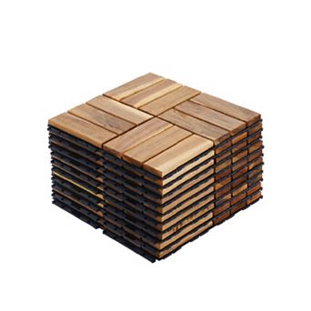 10 pc Yellow Teak Deck Tiles, 12"x12" Solid Wood Interlocking Flooring for Patio & Poolside