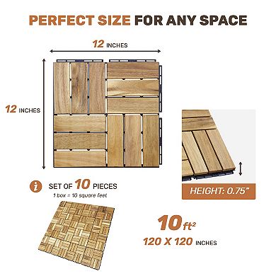CEWOR 10 PCS Teak Deck Tiles, 12"x12" Solid Wood Interlocking Flooring for Patio & Poolside