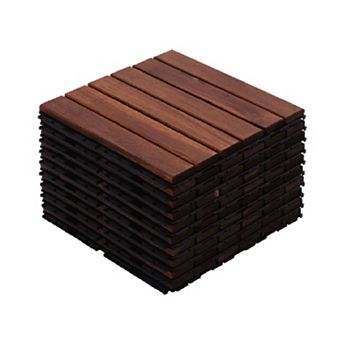 10 pc Brown Teak Deck Tiles, 12"x12" Interlocking Hardwood Flooring for Patio Poolside Balcony