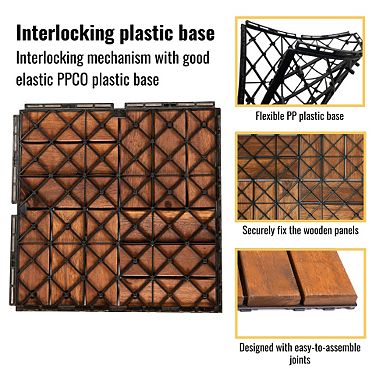 CEWOR 10 PCS Brown Teak Deck Tiles, 12"x12" Interlocking Hardwood Flooring for Patio Poolside