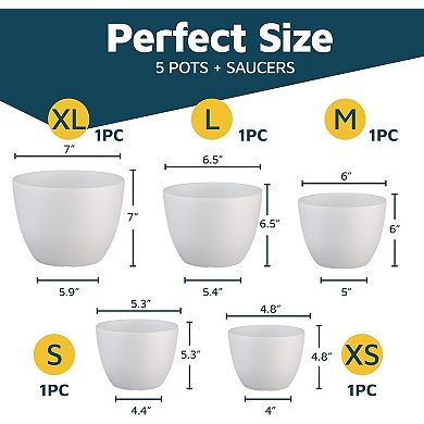 Plant Pots with Drainage Saucers Stackable Indoor Outdoor Planters Durable Weatherproof Pack of 5