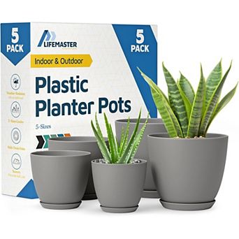 Plant Pots with Drainage Saucers Stackable Indoor Outdoor Planters Durable Weatherproof Pack of 5