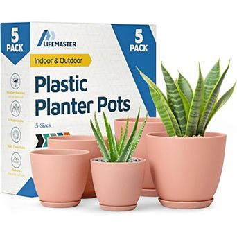 Plant Pots with Drainage Saucers Stackable Indoor Outdoor Planters Durable Weatherproof Pack of 5