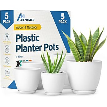 Plant Pots with Drainage Saucers Stackable Indoor Outdoor Planters Durable Weatherproof Pack of 5