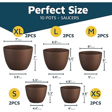 Plant Pots with Drainage Saucers Stackable Indoor Outdoor Planters Durable Weatherproof Pack of 10