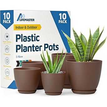 Plant Pots with Drainage Saucers Stackable Indoor Outdoor Planters Durable Weatherproof Pack of 10
