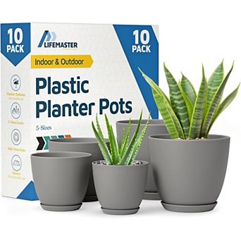 Plant Pots with Drainage Saucers Stackable Indoor Outdoor Planters Durable Weatherproof Pack of 10