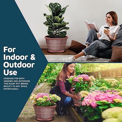 10" Whiskey Barrel Planters Durable Plastic Pots with Drain Holes & Saucer, Pack of 2