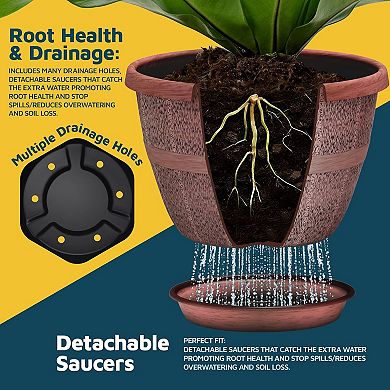 10" Whiskey Barrel Planters Durable Plastic Pots with Drain Holes & Saucer, Pack of 2