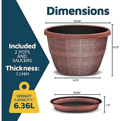 10" Whiskey Barrel Planters Durable Plastic Pots with Drain Holes & Saucer, Pack of 2
