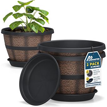 10" Whiskey Barrel Planters Durable Plastic Pots with Drain Holes & Saucer, Pack of 2