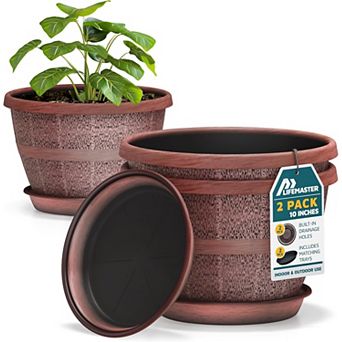 10" Whiskey Barrel Planters Durable Plastic Pots with Drain Holes & Saucer, Pack of 2