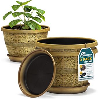 10" Whiskey Barrel Planters Durable Plastic Pots with Drain Holes & Saucer, Pack of 2