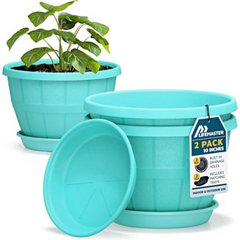 10" Whiskey Barrel Planters Durable Plastic Pots with Drain Holes & Saucer, Pack of 2
