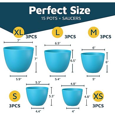 Plant Pots with Drainage & Saucers Stackable Indoor Outdoor Planters Durable Weatherproof Set of 15