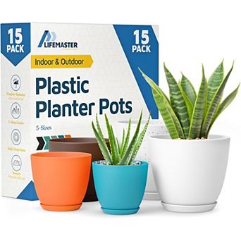Plant Pots with Drainage & Saucers Stackable Indoor Outdoor Planters Durable Weatherproof Set of 15
