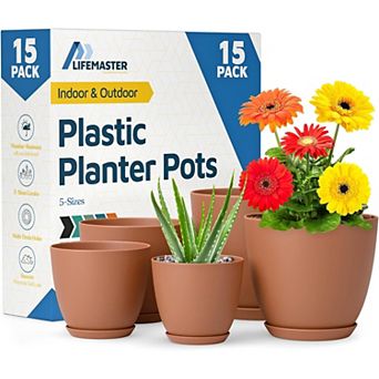 Plant Pots with Drainage & Saucers Stackable Indoor Outdoor Planters Durable Weatherproof Set of 15