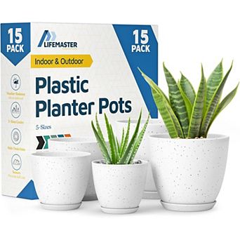 Plant Pots with Drainage & Saucers Stackable Indoor Outdoor Planters Durable Weatherproof Set of 15