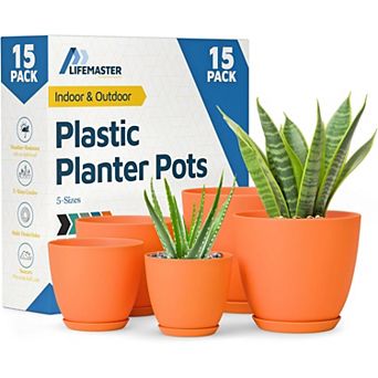 Plant Pots with Drainage & Saucers Stackable Indoor Outdoor Planters Durable Weatherproof Set of 15