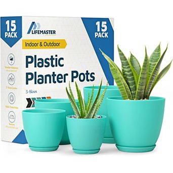 Plant Pots with Drainage Saucers Stackable Indoor Outdoor Planters Durable Weatherproof Pack of 15
