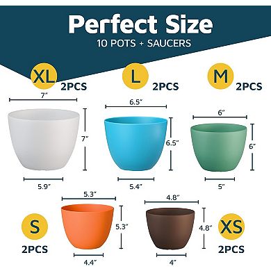 Plant Pots with Drainage & Saucers Stackable Indoor Outdoor Planters Durable Weatherproof Set of 10