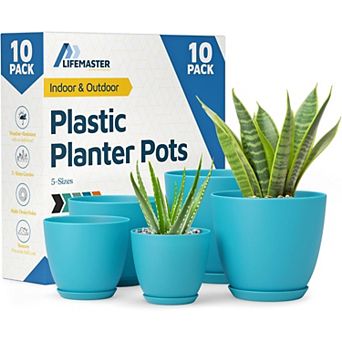 Plant Pots with Drainage & Saucers Stackable Indoor Outdoor Planters Durable Weatherproof Set of 10