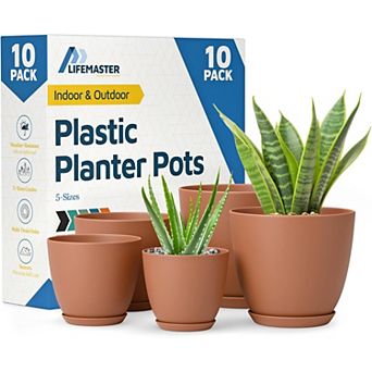 Plant Pots with Drainage & Saucers Stackable Indoor Outdoor Planters Durable Weatherproof Set of 10