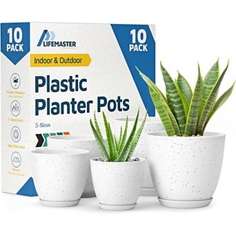 Plant Pots with Drainage & Saucers Stackable Indoor Outdoor Planters Durable Weatherproof Set of 10