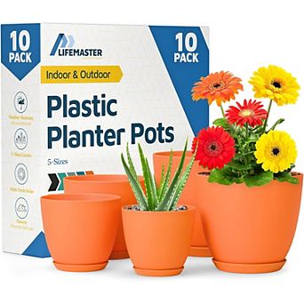 Plant Pots with Drainage & Saucers Stackable Indoor Outdoor Planters Durable Weatherproof Set of 10