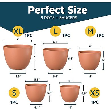 Plant Pots with Drainage & Saucers Stackable Indoor Outdoor Planters Durable Weatherproof Set of 5