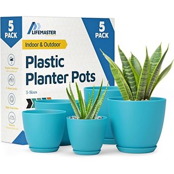 Plant Pots with Drainage & Saucers Stackable Indoor Outdoor Planters Durable Weatherproof Set of 5