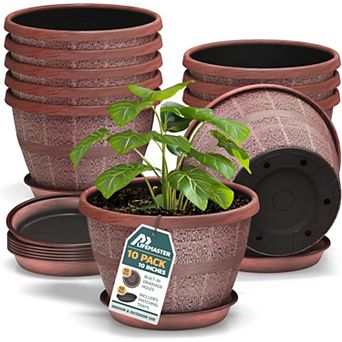 10" Whiskey Barrel Planters Durable Plastic Pots with Drain Holes & Saucer, Pack of 10