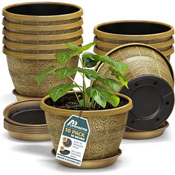 10" Whiskey Barrel Planters Durable Plastic Pots with Drain Holes & Saucer, Pack of 10