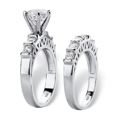 PalmBeach Jewelry 3 TCW Cubic Zirconia Platinum-plated Silver 2-Piece Bridal Wedding Ring Set