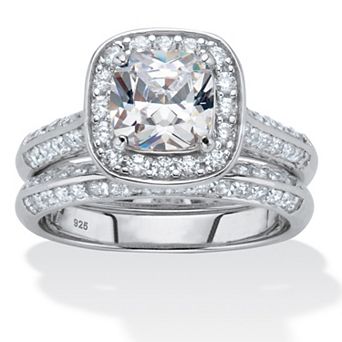 PalmBeach Jewelry 2.08 TCW Cubic Zirconia Platinum-plated Silver 2 pc Halo Bridal Ring Set